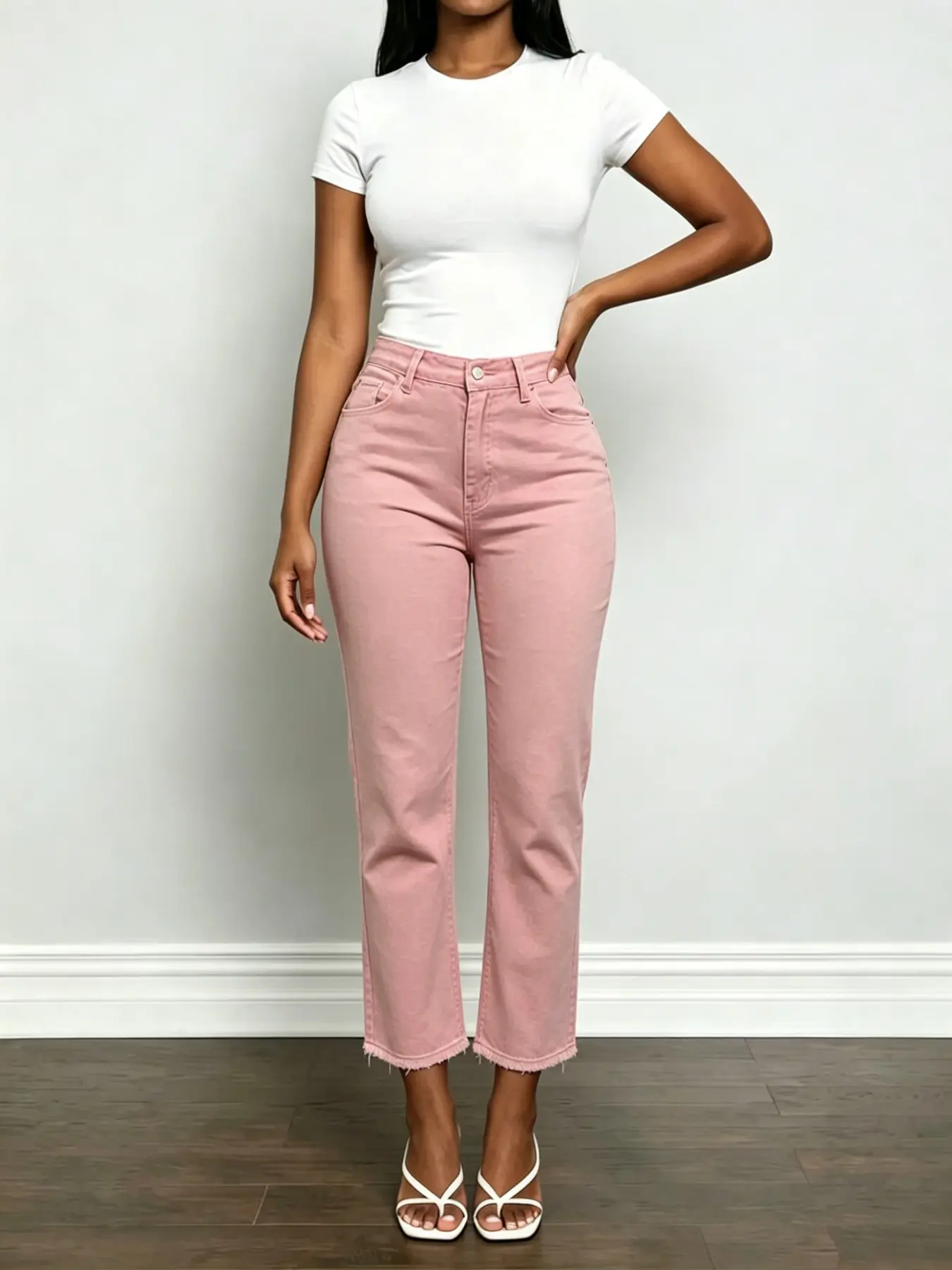 Women's Mid-Waist Nine-Inch Raw Hem Straight Leg Denim Jeans, Slim Fit, Versatile Basic Casual Wear, Suitable for Daily Use and Commuting, Pants, Bottom