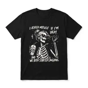 Women's Oversized Short-Sleeve Round Neck Casual Lady T-Shirt - Trendy Skeleton, "Asked Myself If I’m Okay We Both Start Laughing" Funny Quote Design, Purple Rain, Cherry, Puerto Rico Football Fan, Angel Wings Cut, Free Shipping, Streetwear