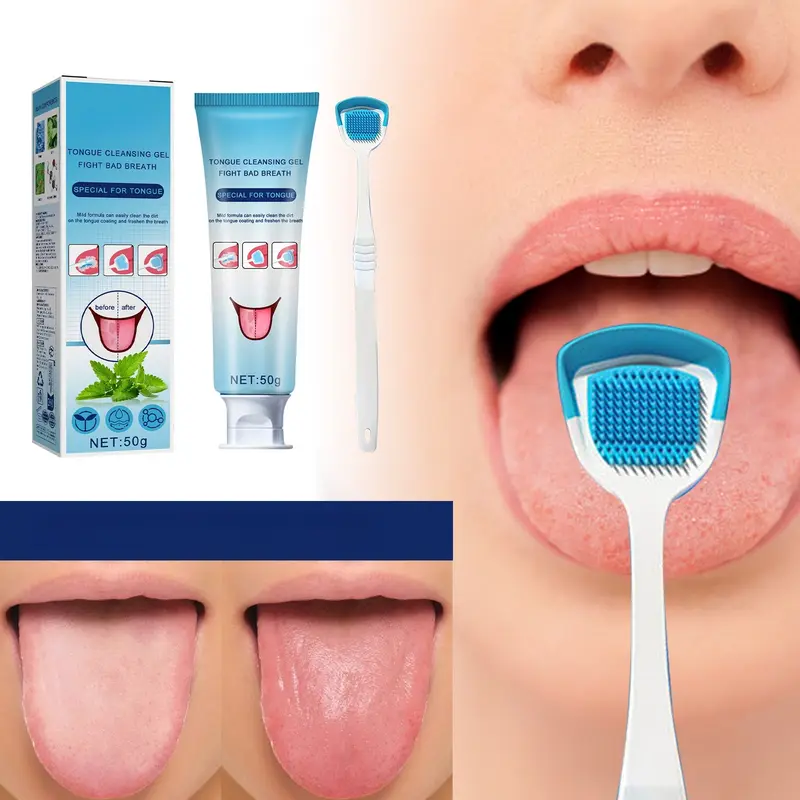 Tongue Cleaning Gel Set, Tongue Cleaner Gel with Tongue Brush, Easy to Use for Adults Kids, Tongue Scraper Scrubber for Adults with Cleaning Gel
