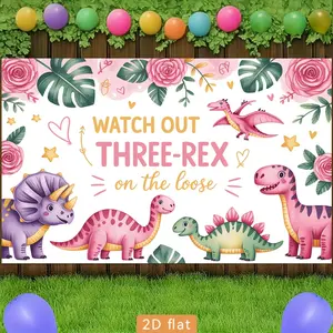 2D Flat - 2D Flat - [ for Party BANNERS] 2D Flat Banner, 1pc Watch Out Three-Rex on The Loose Pink Dinosaur Tropical Leaf Rose Polyester Backdrop, for Party Decor Farm, Garden, Home, Room, Club, No Elec