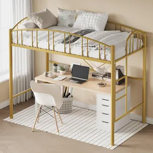 Gaomon Twin Size Heavy-Duty Metal Loft Bedroom Bed Frame - Arched Guardrail, Safety Ladder, No Box Spring Needed, Space-Saver, Modern Gold Indoor Furniture, Bedroom Beds