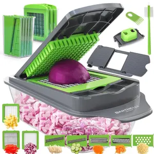 Bartnelli Vegetable Chopper Food Slicer Pro | 15 Pc MultiFuctional Kitchen Gadgets for Onion, Veggie, Cheese Grater, Vegetables Cutter With Large Container, Easy to Clean, With Bonus Brush and Fork