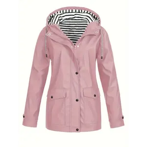 Women's Waterproof Pink Windbreaker with Striped Hood - Casual Polyester, Button-Up Outdoor Jacket Pockets, Machine Washable