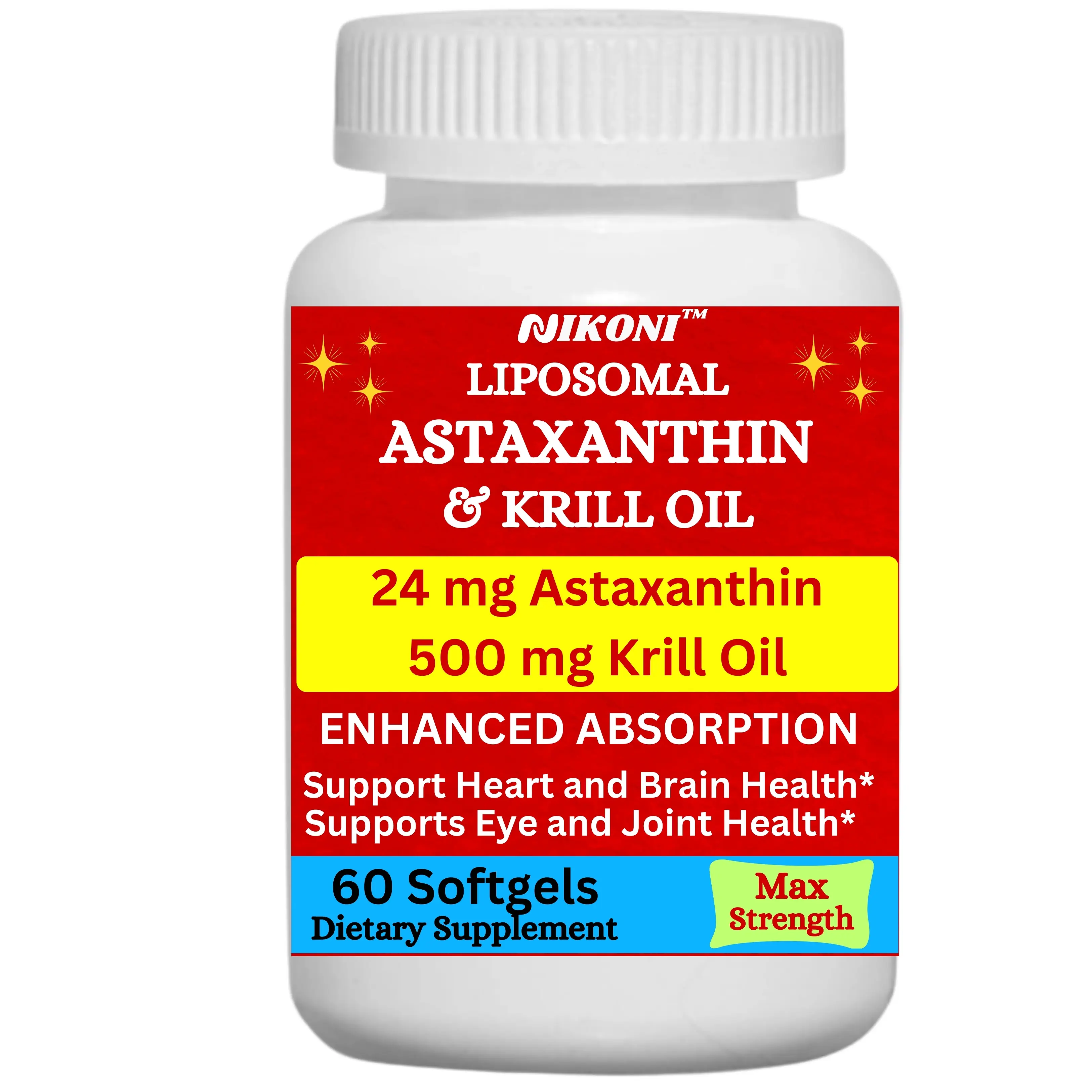 Nikoni Astaxanthin & Krill Oil Supplement Joint & Heart Health, 60 Max Strength Liposomal Softgels Healthcare Muscle Antioxidant Dietary