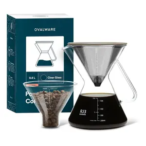 OVALWARE Pour Over Coffee Maker Set | 17oz / 0.5L Borosilicate Carafe with 304 Stainless Steel Filter and Precision Measuring Cup | Glass Coffee Dripper for Home Brewing Tea