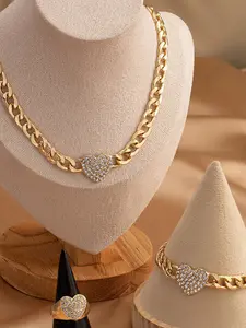 3-Piece Simple Heart Motif Rhinestone Ring Bracelet Necklace Set, Charming Elegant Jewelry Gift for Women, Stylish Accessory for Daily Wear