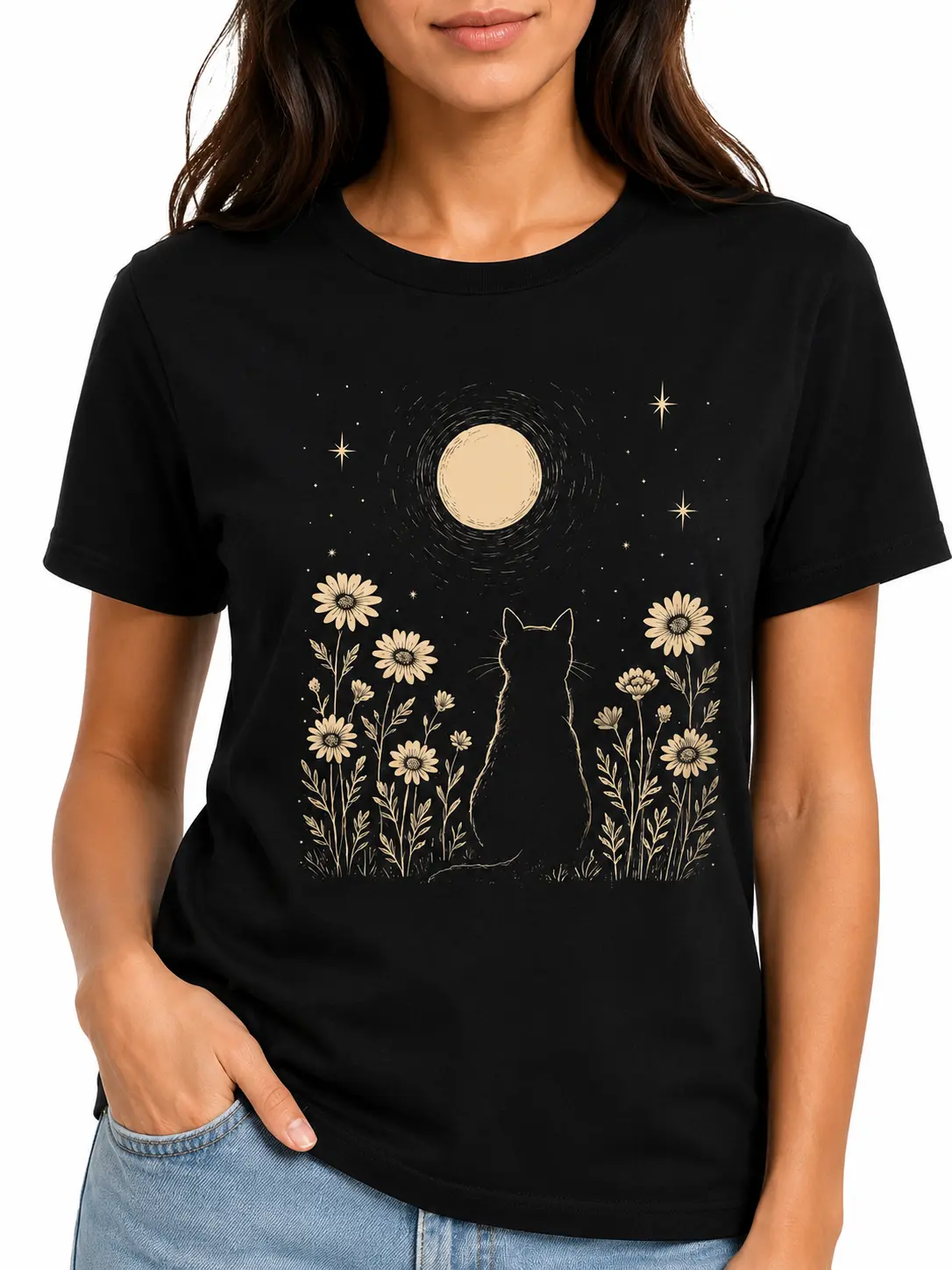 Cat and Moon Floral Graphic T-Shirt, Short Sleeve Round Neck Casual Top for Animal Lovers, Men and Women, Shortsleeve, Tshirt, Comfortable, Vibe, Fitted, Everyday, Night Scene, Cute