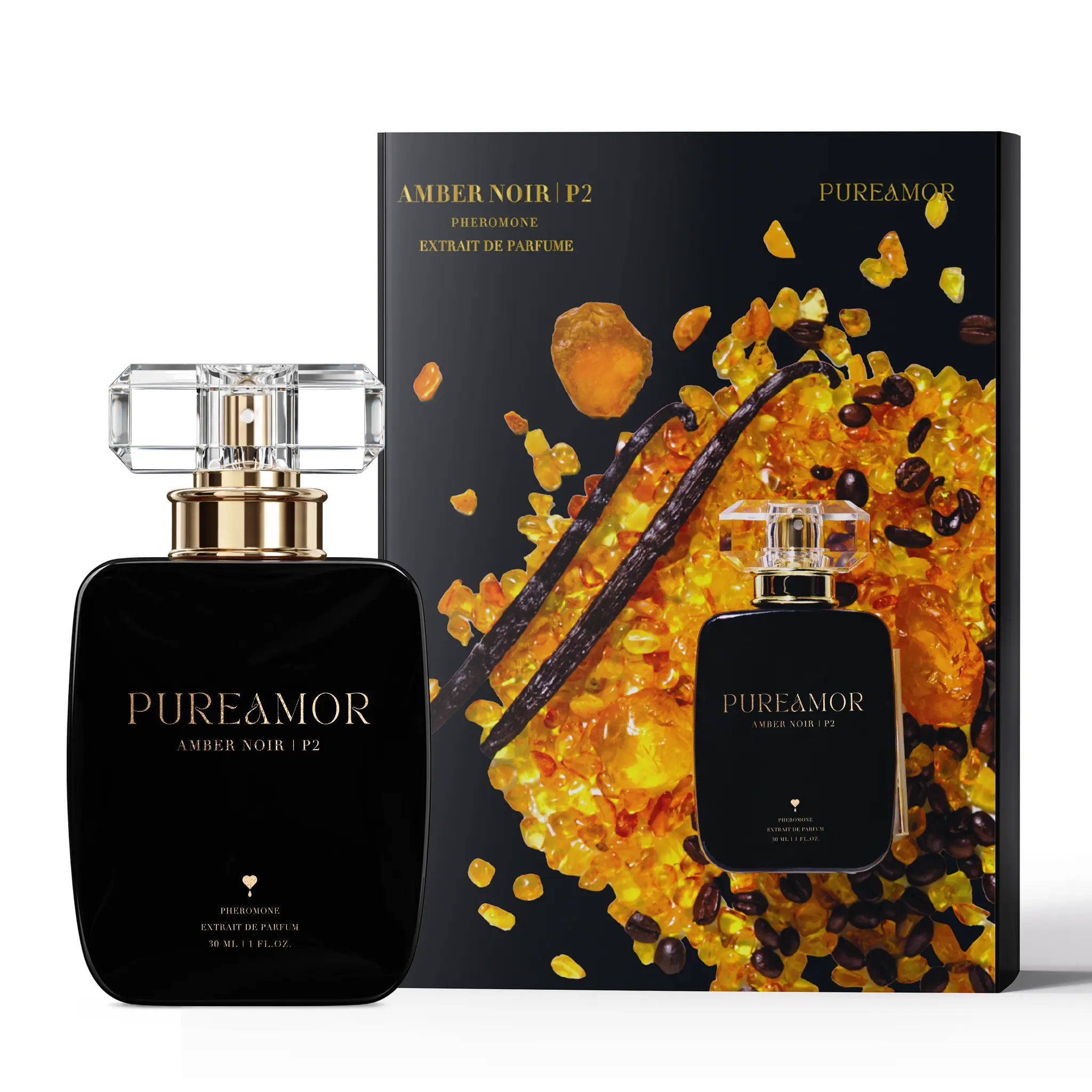 Pureamor Amber Noir P2 Pheromone Natural Spray Perfume for Women, Long Lasting Luxury Fragrance, 30ml/1 oz Extrait de Parfum(Vanilla, Jasmine, Cedarwood, Pink Pepper), Seductive Night Out Fragrance, Sensual & Cozy Fall Aroma