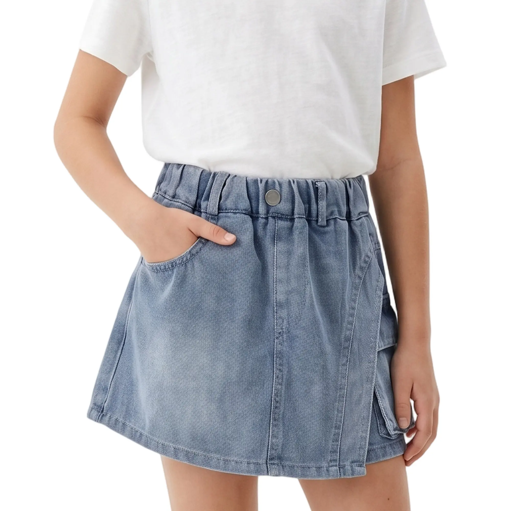 Girls' High-Waist Denim Jean Shorts, Vintage-Inspired Wash, Ripped Accents, 2-Pocket Straight Leg Jorts, Trendy Summer Kids' Bottoms for 3-16Y