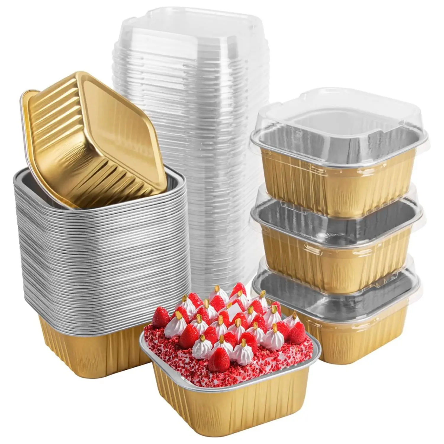 50PCS Mini Square Baking Cups with Lids, 5oz Aluminum Foil Mini Cake Pans with Lids, Disposable Ramekins Cake Pans,150ml Dessert Cups Cupcake Pans for Wedding Birthday Party, Gold