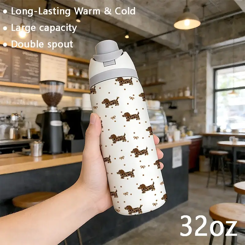 Leopard Dog 32oz Dual-Drink Sports Water Bottle Tumbler, 304 Stainless Steel Thermal Large Capacity Insulated Bottles Cup, Perfect Gift for Women, Home Outdoor Travel