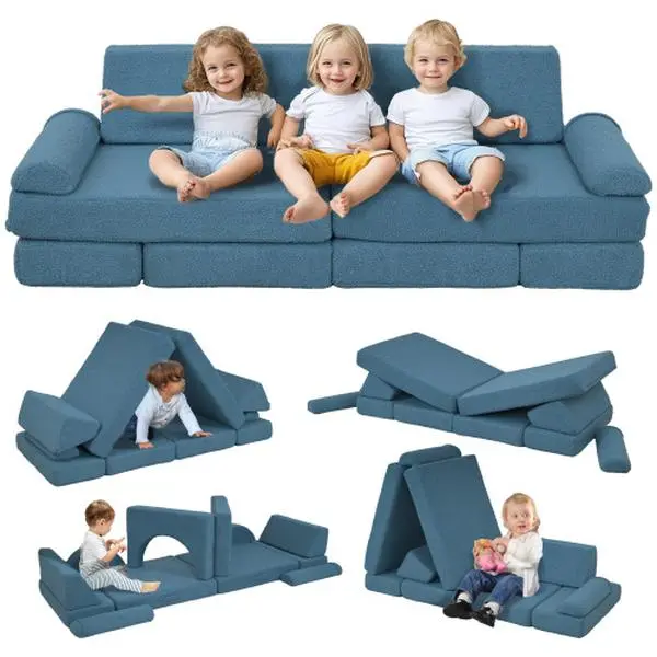 Bellemave 12-Piece Modular Convertible Sofa Set - Convertible Kit Living Room Furniture, Indoor Gaming Room Lounge Chair, Khaki/Blue Colors