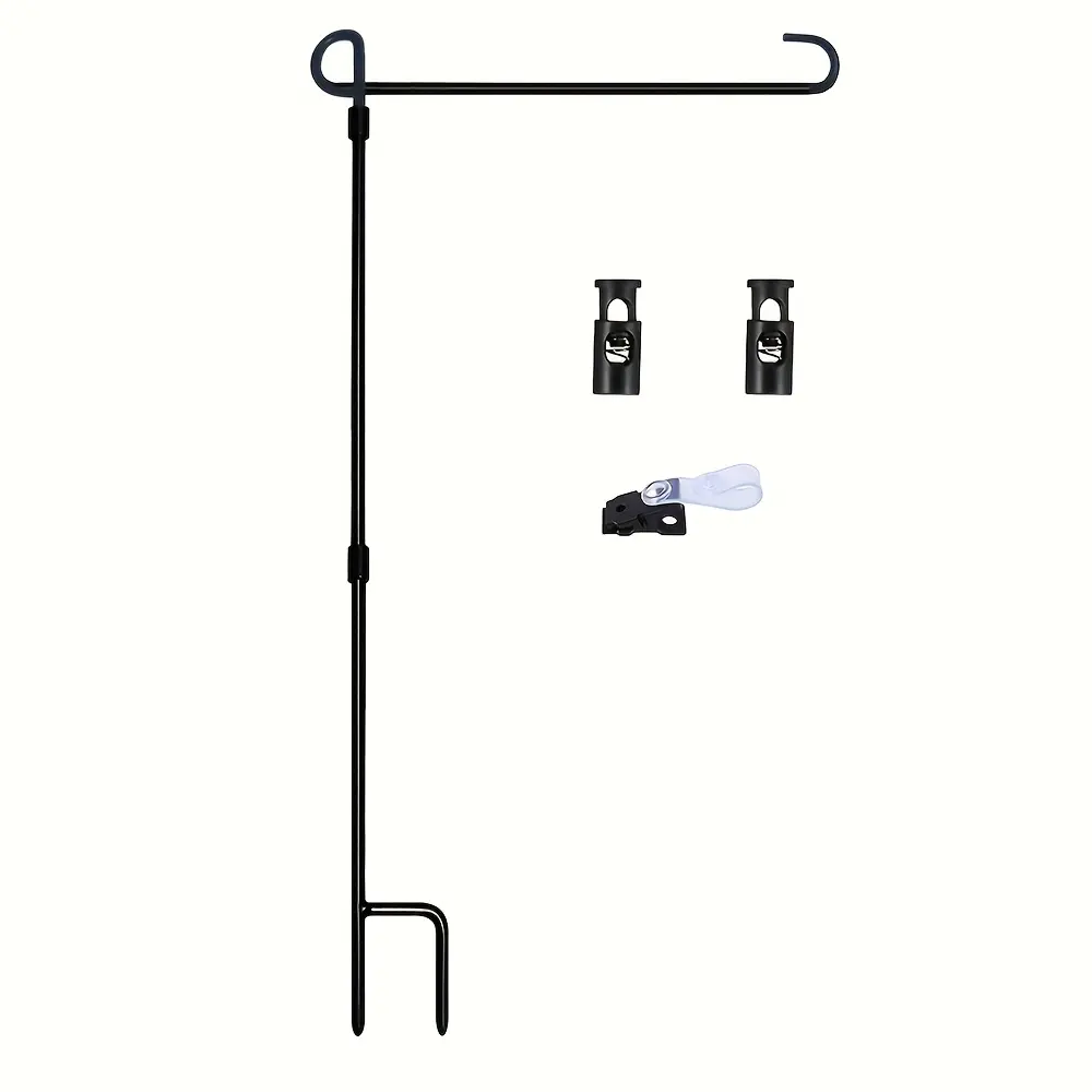 Black Wrought Iron Garden Flag Holder - Durable Decorative patio flagpole that can accommodate flags up to 31.75cm wide, including tiger clips and rubber plugs for outdoor decoration, coated flagpole