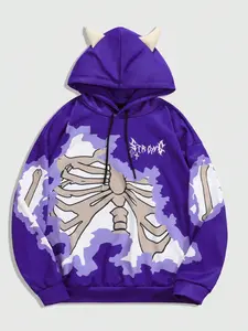 Men's Graphic Hoodie with Horns Design, Casual Fitted Adjustable Hooded Sweatshirt, Fall & Winter Outdoor Wear, Stylish Daily Use