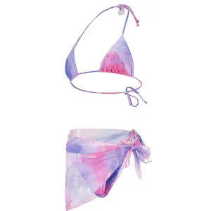 Shamofeng 3-Piece Tie Dye Swimwear Set Bikini Top Cheeky Bottom Cover-Up Sarong Quick-Dry Purple Swimsuits