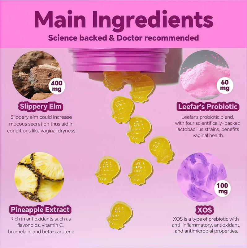 LeeFar Her Juicy Feminine Probiotics Gummies GD -AllinOneSolutionwithSlipperyEImandPrebiotics&LactobacillusProbioticBlendforWomen'spHBalance and Dryness -HawaiianPineappleGummies60Count probiotics women