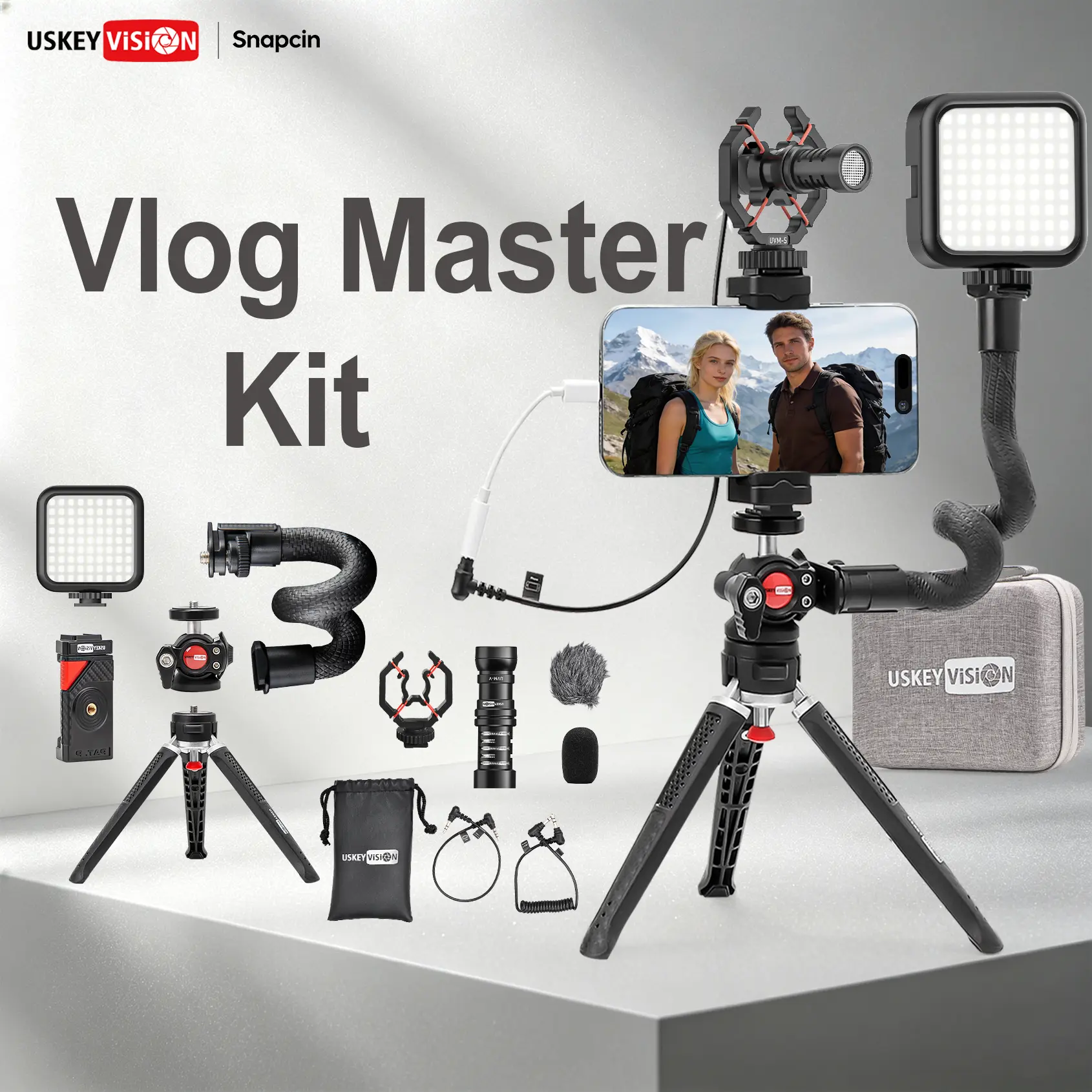 Your studio, ready！All-in-1 Vlogging Kit with Flexible Light Arm & Mic Mount - Stable Phone Tripod for TikTok/YouTube Live, Portable Travel Stand by USKEY VISION