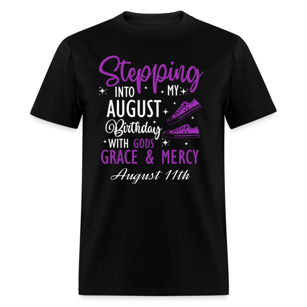 Bea Birthday T-Shirt  Stepping Into My August Birthday With God’s Grace & Mercy!  August 11th Edition  Celebrate your special day in style with this gorgeous purple high-top graphic tee!  Perfect birthday gift for August queens! ️ Shop yours today! Top