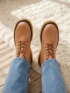 Women's Stylish Chunky-Soled Lace-up Ankle Boots-TAN Girl Footwear Comfort Walking Shoes Pu
