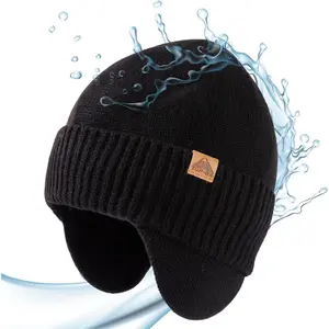 Unisex 80% Merino Wool Waterproof Beanie with Ear Flap Warm Winter Fleece Lined Beanie Hat M/L/XL