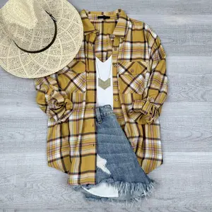 Everyday Casual Long Sleeve Plaid Button Up Shirt | Mustard