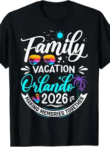 2026 Orlando Theme Family Vacation T-Shirt| Retro Beach Summer Style, Suitable for Theme Parks, Daily Wear, and Group Vacations, All-Season Theme Shirt, Machine Washable, Crew Neck, Short Sleeve, Print Pattern