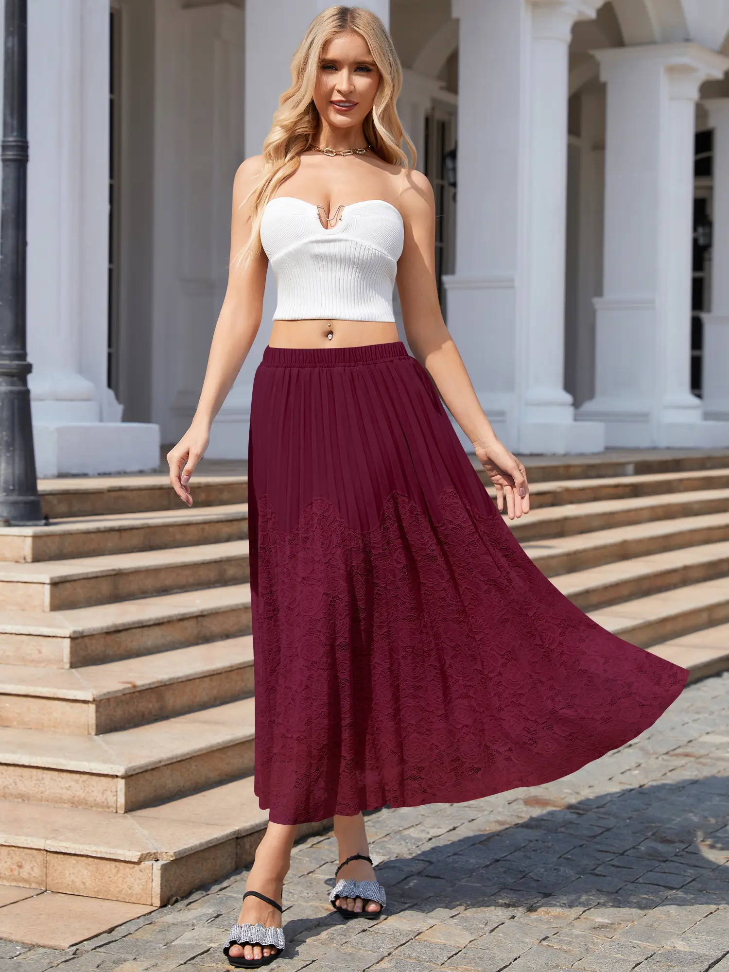 CYiNu summer outfits Women's High Waisted Lace Pleated Chiffon Midi Skirt Elegant Flowy A Line Long Skirt for Summer Casual Lace Trim Skirt Style Elastic Waist Long Skirt