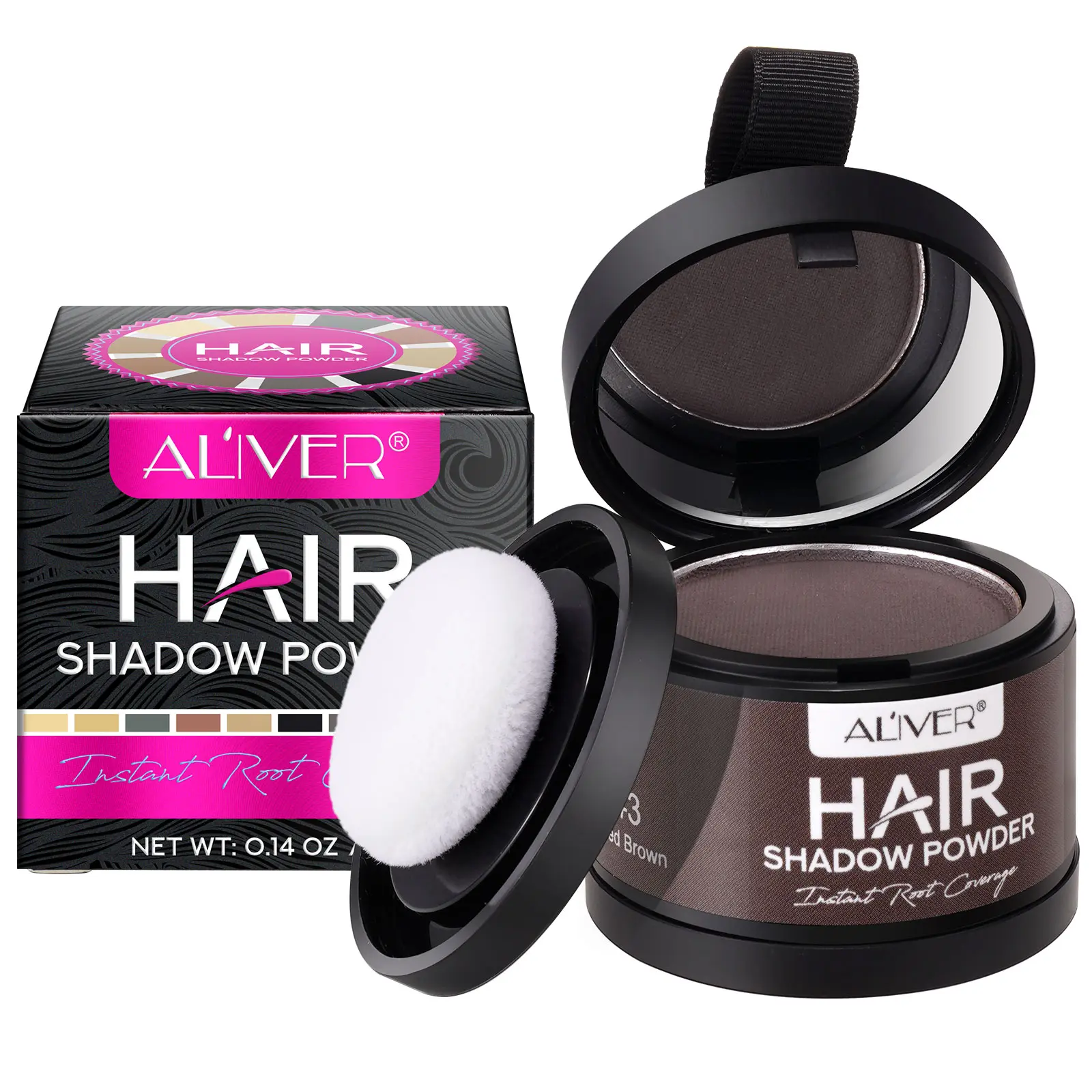 ALIVER Multi-functional Hairline Powder 4g/ medium brown 1 box, comes with a mirror, can be used for hairline powder, eyebrow powder, highlighter powder, Root touch up, etc. It does not fade, waterproof and sweat-proof, easy to use