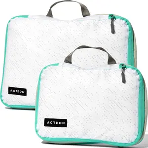 ACTEON Expanding Compression Packing Cubes Set - White with Teal Trim & Handles for Portable Luggage Storage Travel Organizer Zippered Travel Organizer Set