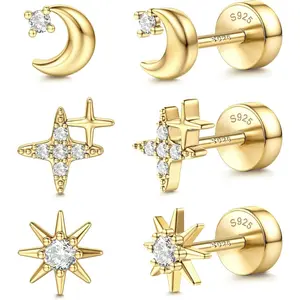 3 Pairs Solid 925 Sterling Silver Flat Back Studs • 14K Gold Plated Poke-Free Sleeper Earrings • Hypoallergenic Cartilage Helix Tragus Piercing Set