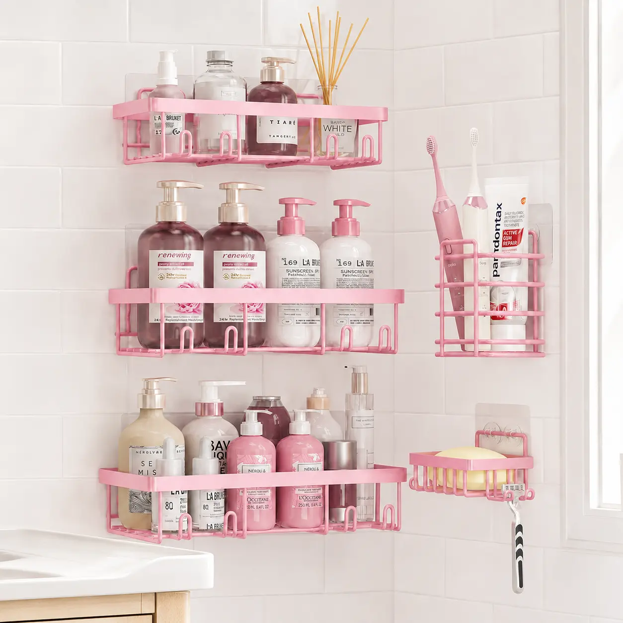 5-Piece Metal Pink Bathroom Accessory Set - No-Drill Strong Adhesive Space Saver, Wall-Mounted Storage Racks with Hooks, Toothbrush Holder, Soap Dish, Large-Capacity Waterproof Rustproof Shelves for Shampoo, Conditioner, Beauty Use
