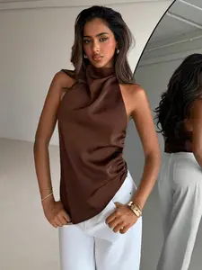 French Style Satin Halter Top, Asymmetrical Hem Shoulder Reveal, Slim-Fitting Party Dress, Perfect for Dates and Parties