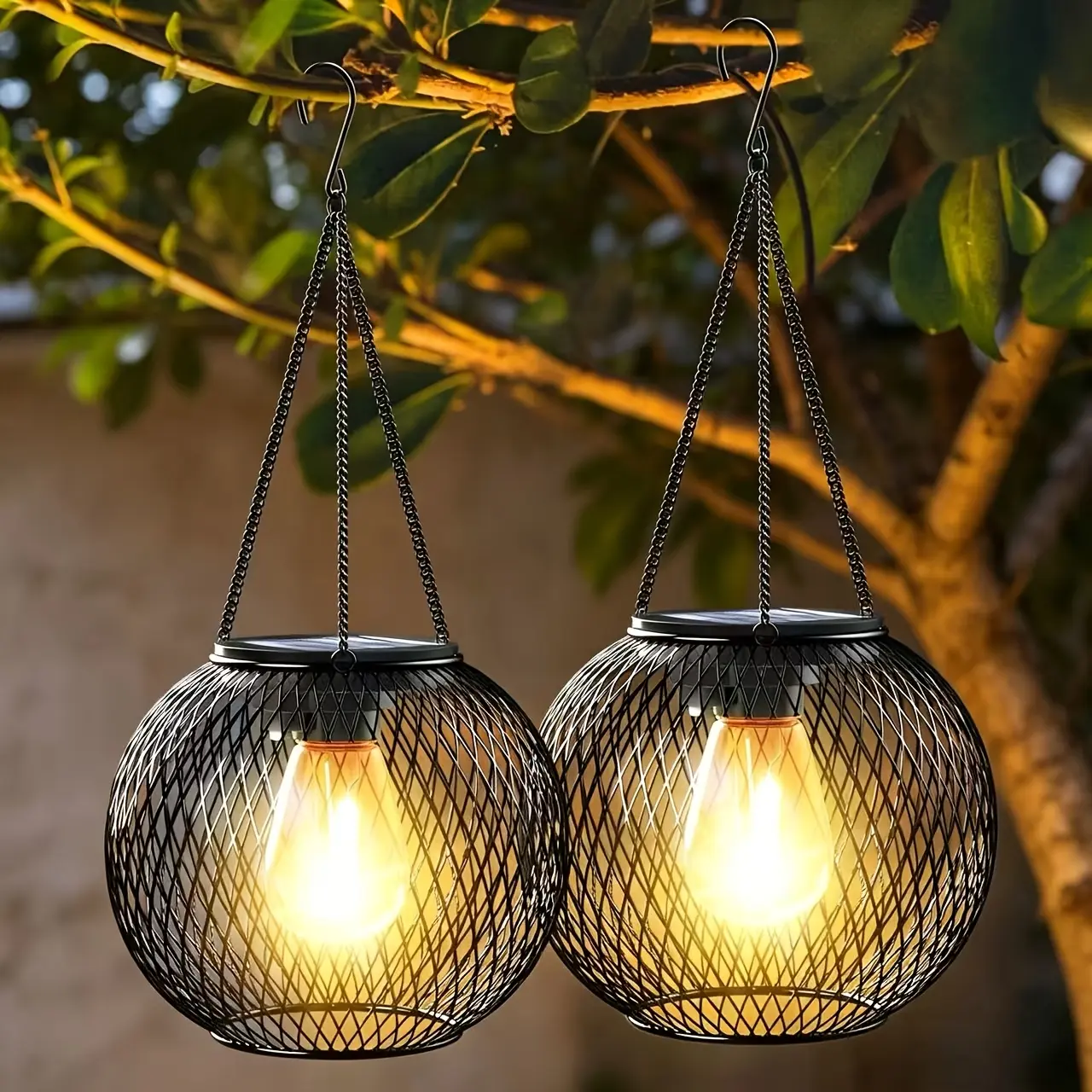2-Pack Solar Hanging Lanterns with Metal Cage Design, Waterproof Outdoor Decorative Lights for Garden, Patio