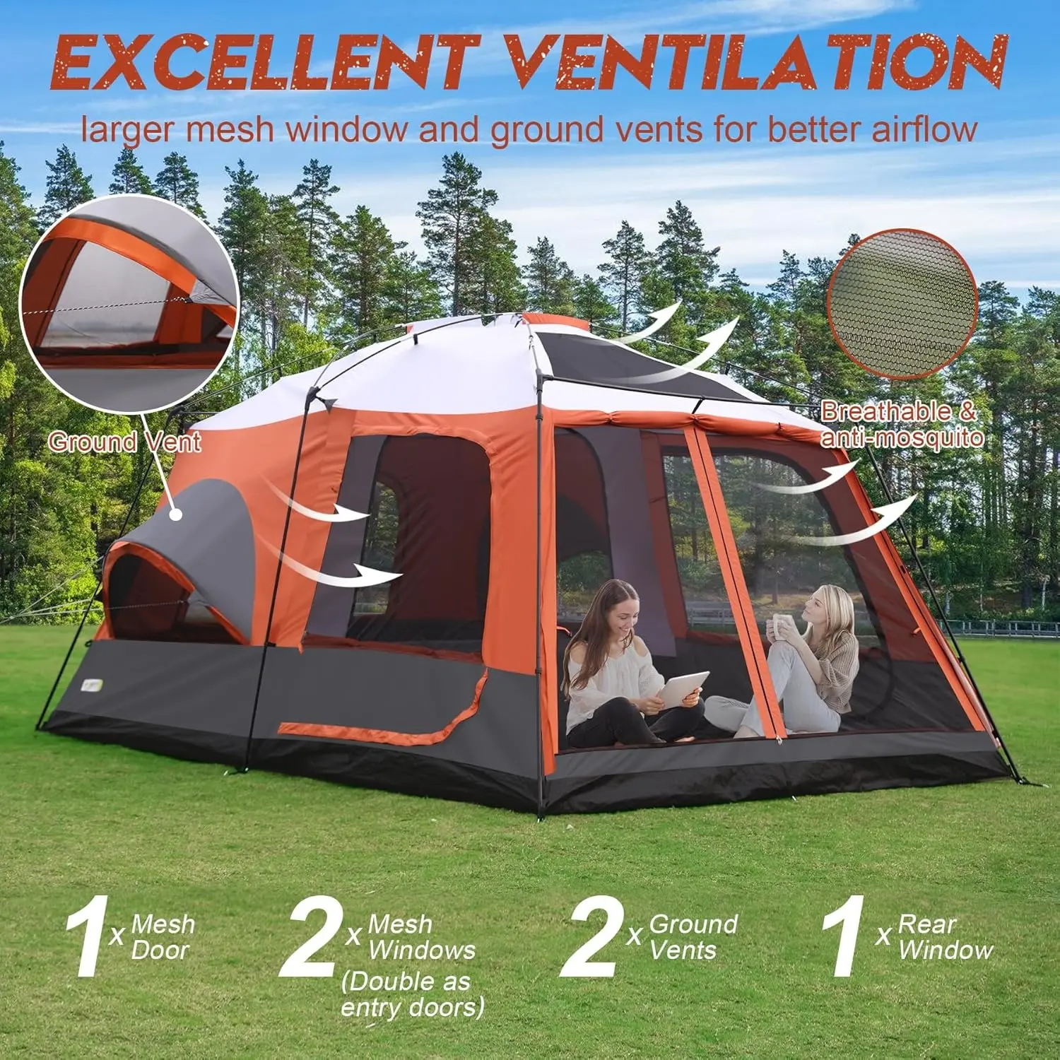 Extra Large Waterproof Camping Tent – Tall Cabin Tent with 3 Doors, Mesh Windows & Room Divider