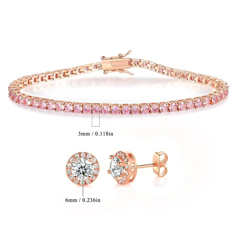 MDFUN 3MM Round-Cut Lab Created Cubic Zirconia Waterproof Pink Hypoallergenic Unisex Chain Bracelet for Adults, Female, Male - Sensitive Skin, Soft Glam, Bright Bling, High-Quality Hiphop Style - Anniversary, Birthday Gift ATS59996-R
