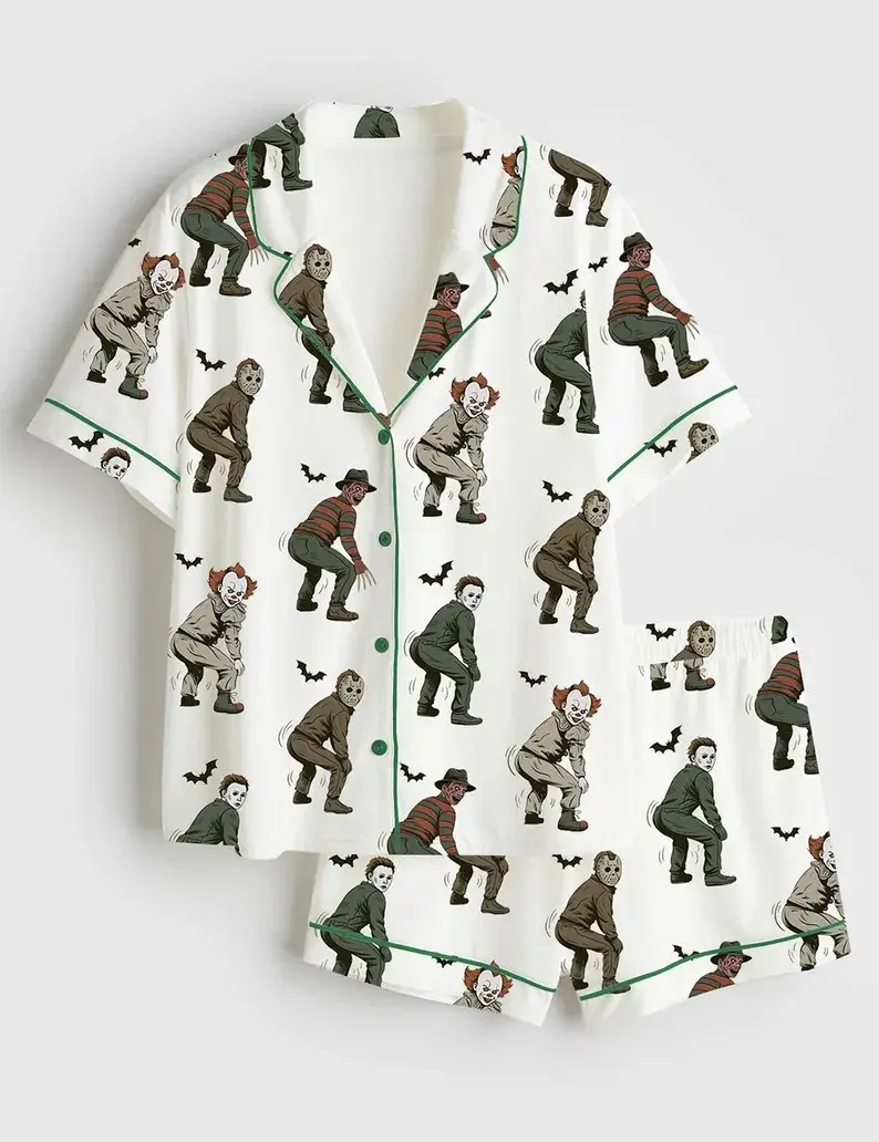Women Horror Movie Characters Twerking Pajama Set Summer Loose Sleepwear Halloween Funny Freddy Jason Michael Myers Pennywise Short PJ Set Casual Nightwear