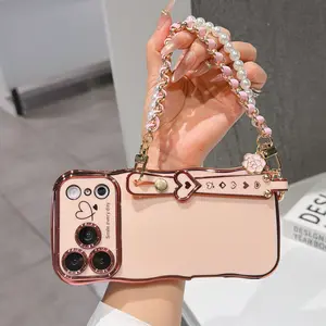 Luxury Electroplated Wave Pattern Dual Heart Large Window Wrist Strap Full Cover Anti-Scratch Anti-Drop Protective Phone Case for Apple iPhone 17pro Max 16pro 15 14 13 12 Casing