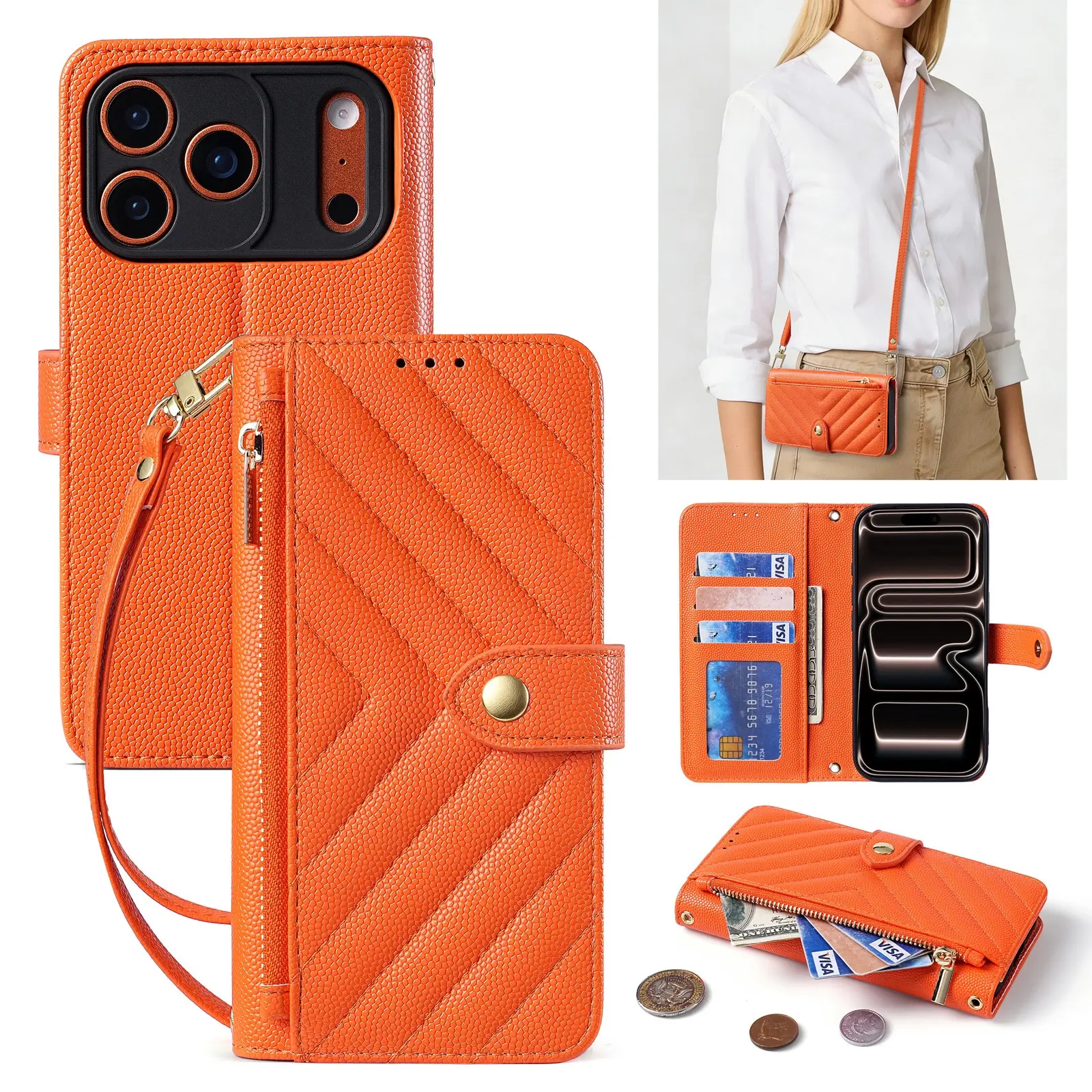 Luxury Leather Wallet Crossbody Phone Case for iPhone - Magnetic Close Flip Cover with Kickstand, Multi-Slot Card Holders, Zipper Coin Pocket, Phone Accessories with Protection