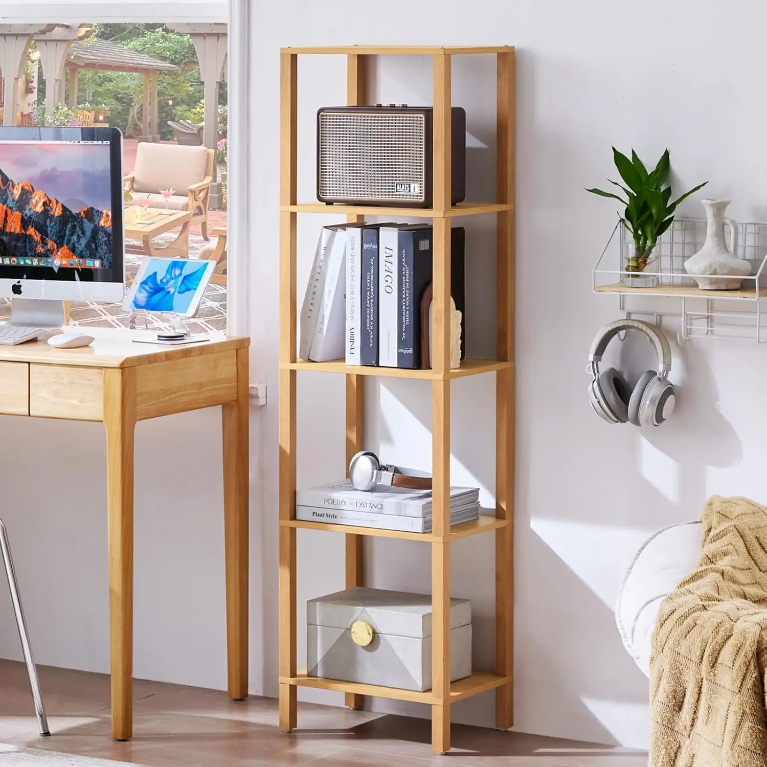 54in Tall Bookshelf 5-Tier Small Narrow Bookcase, Skinny Book Shelf for Small Space, Farmhouse Slim Shelf with Storage,  Freestanding Display Thin Bookshelves for Living Room,