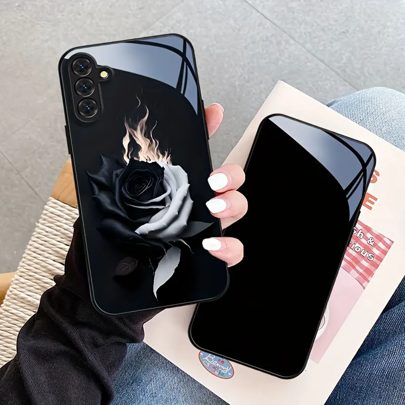 Fashionable, Versatile, Durable Black Glass Phone Casing for Samsung Galaxy A05-A05S,A06,A14-A15,A16,A35-A36,A52-A52S,A53-A54,A55-A56,S21-S24,S25 FE Plus Ultra Edge 5G with Rose Realistic Flame Design, Mobile Accessory