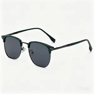 Retro Browline Sunglasses - Matte Green Top Frame with Gunmetal Metal Base,  Sleek & Slim Temples, Perfect for Casual Streetwear, Office & Everyday Stylish Outfits