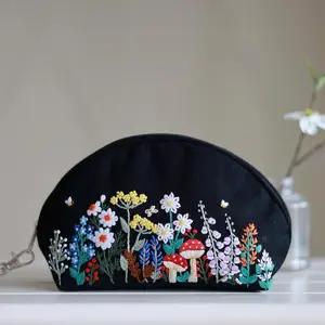 Hand Embroidered Coin Purse Wristlet with Flower Embroidery, Vintage Makeup Pouch with Wrist Strap, Large Coin Purse