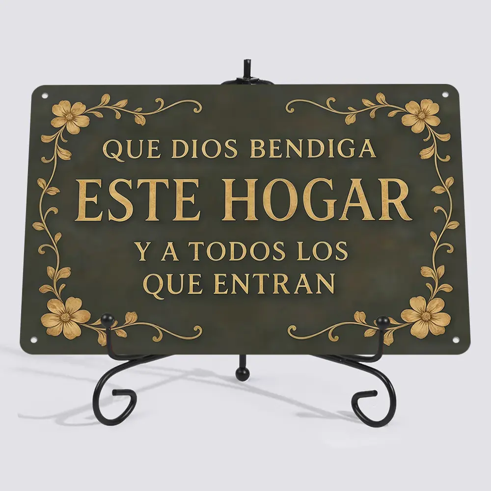 "Que Dios Bendiga Este Hogar" Spanish Blessing Sign 16×4 Inch Flat Aluminum Metal Sign, Vintage Gold Floral Border, Indoor/Outdoor Entryway & Home Decor, Inspirational Housewarming Gift, Top Selling Novelty Wall Art