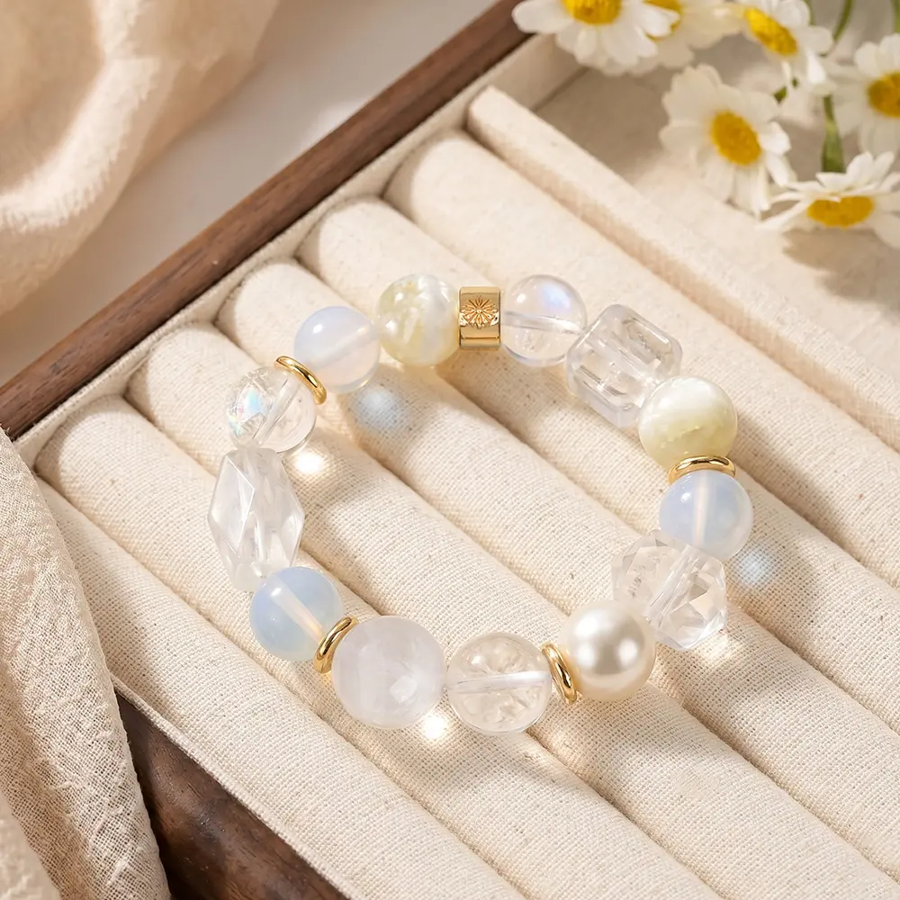 Chunky Natural Crystal Bracelet with Moonstone & White Quartz, A Statement Beaded Design with 13 Elements for Pure Energy, Elastic 13mm to 16mm Band for Everyday Wear, Wedding, Peace