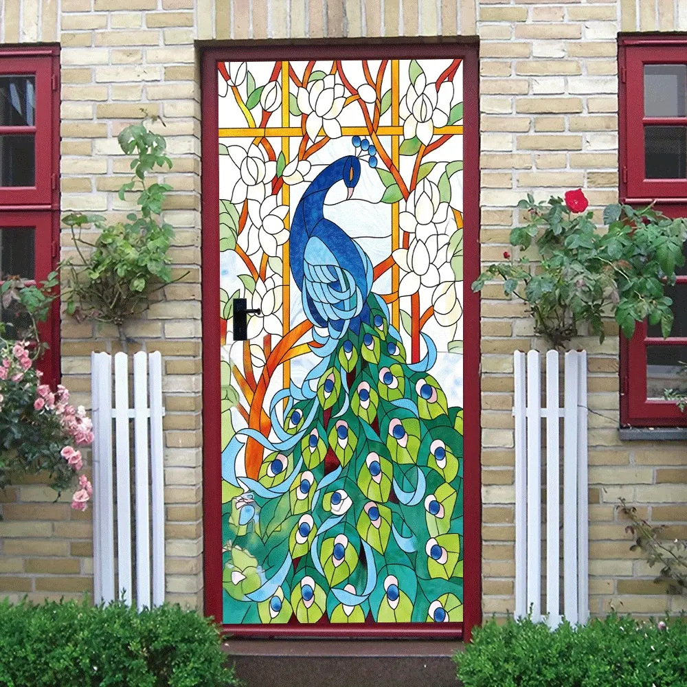 2pcs Stained Glass Style Peacock Wall Sticker Vintage Art Door Decal Self Adhesive Home Decor Sticker Living Room BedroomWallWaterproof Removable Decorative Decal Collage Self-Adhesive Door Sticker