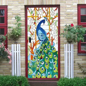 2pcs Stained Glass Style Peacock Wall Sticker Vintage Art Door Decal Self Adhesive Home Decor Sticker Living Room BedroomWallWaterproof Removable Decorative Decal Collage Self-Adhesive Door Sticker