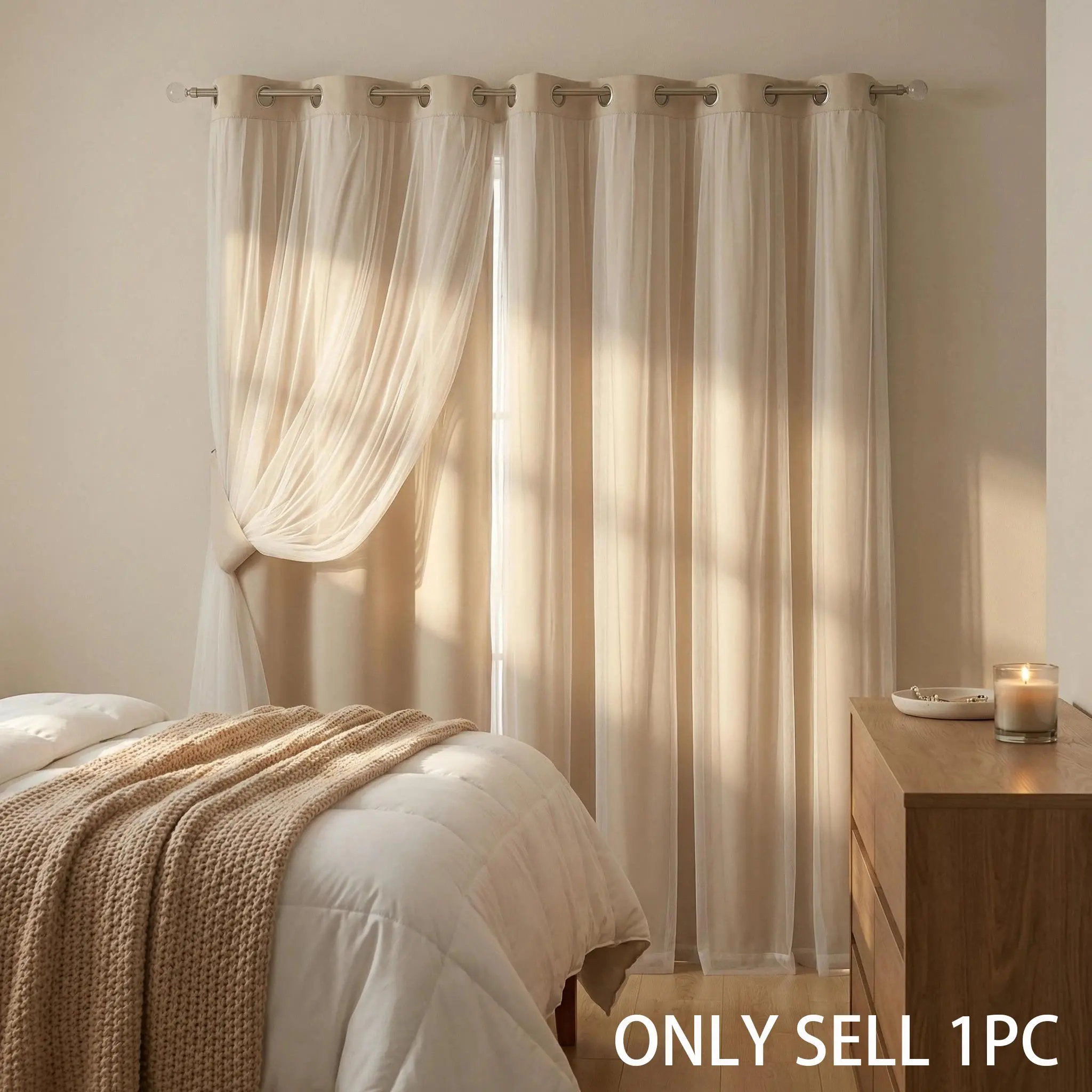 French Romantic Two-Layer Cloth Light-Blocking Finished Curtain, Fashionable Hole Drapery for Living Room, Stylish and Trendy Window Covering, Window Drapes, Interior Decoration Accessories, Home Decoration Curtain, Home Decorative Curtain