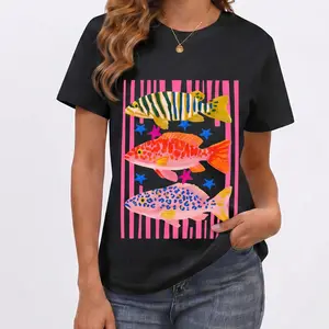Preppy Fish T-Shirt, Female Fishing Shirt, Summer Vacation Tee, Funny Beach T-Shirt, Girls Fish Too |   Gift for Her