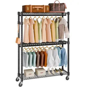 fathersdaygift VEVOR Heavy Duty Clothes Rack, Rolling Clothing Garment Rack with 3 Storage Tiers, 2 Rods and 2 Pairs Side Hooks, Adjustable Height Clothing Rack Closet for Hanging Clothes, 400 Lbs Load Capacity