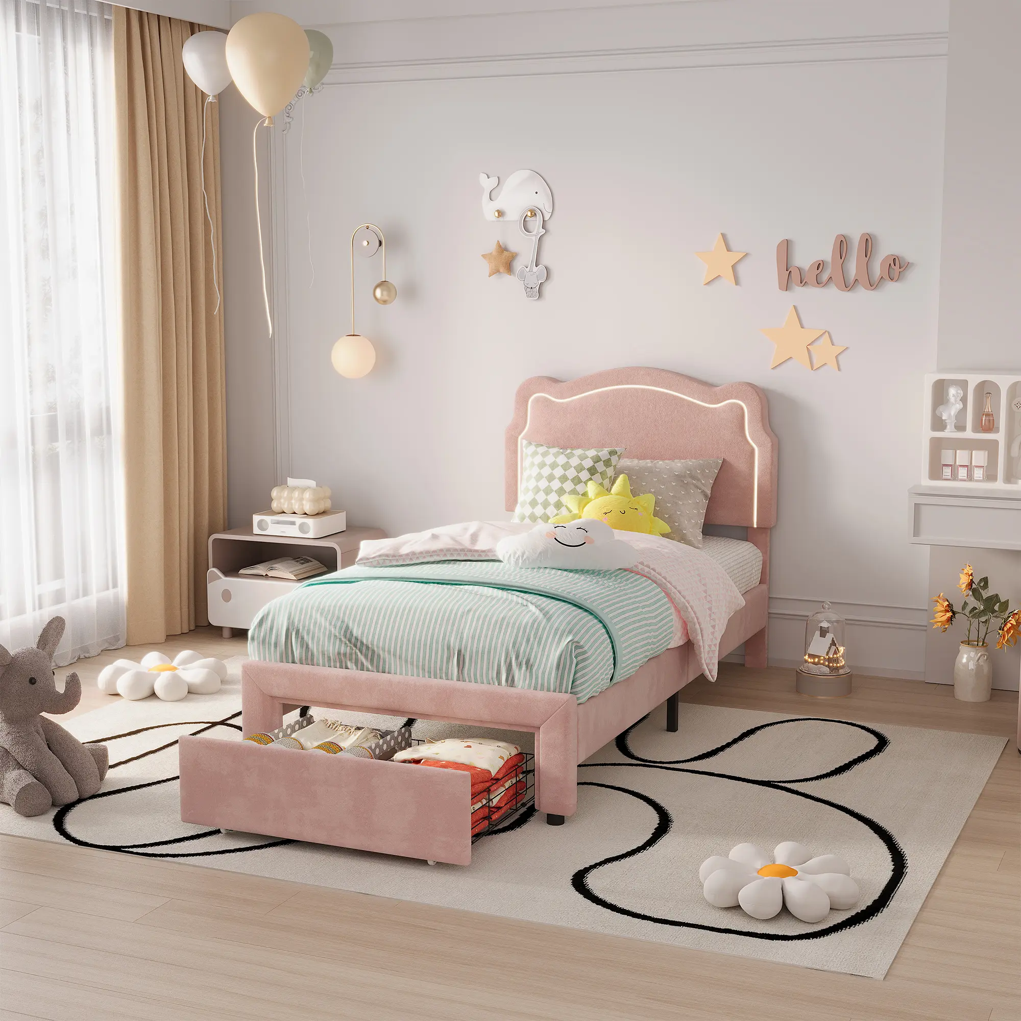Upholstered Twin Platform Bed with Storage Drawer – Adjustable Bear-Shaped Headboard, Smart RGB LED Lights – Soft Fabric, Wooden Slats – Noise-Free, No Box Spring Needed, Easy Assembly – Beige – For Kids